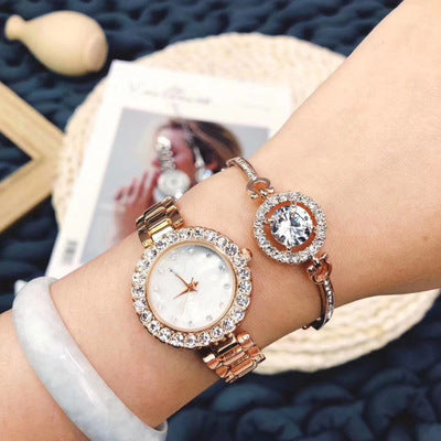 Wechat Business New Fashion Bracelet Rhinestone Two-piece Jewelry Explosive Model Male And Female Student Watch Fashion Watch