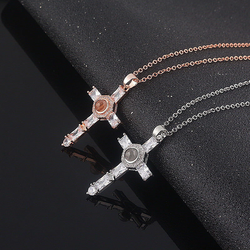 European And American Jewelry Cross Projection Necklace Copper Projection Diamond Pendant Creative Necklace