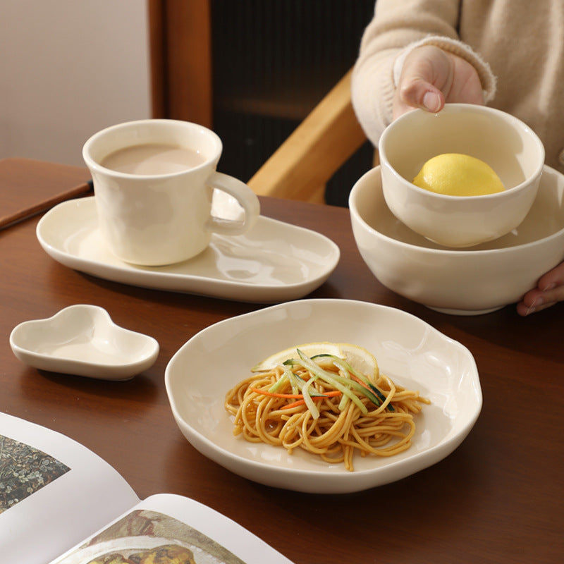 Hand-Kneaded Patterned Fufu Ceramic Bowl And Plate Set, Microwaveable Dish Plate Household High-Value Bowls, Chopsticks, Plates And Cups
