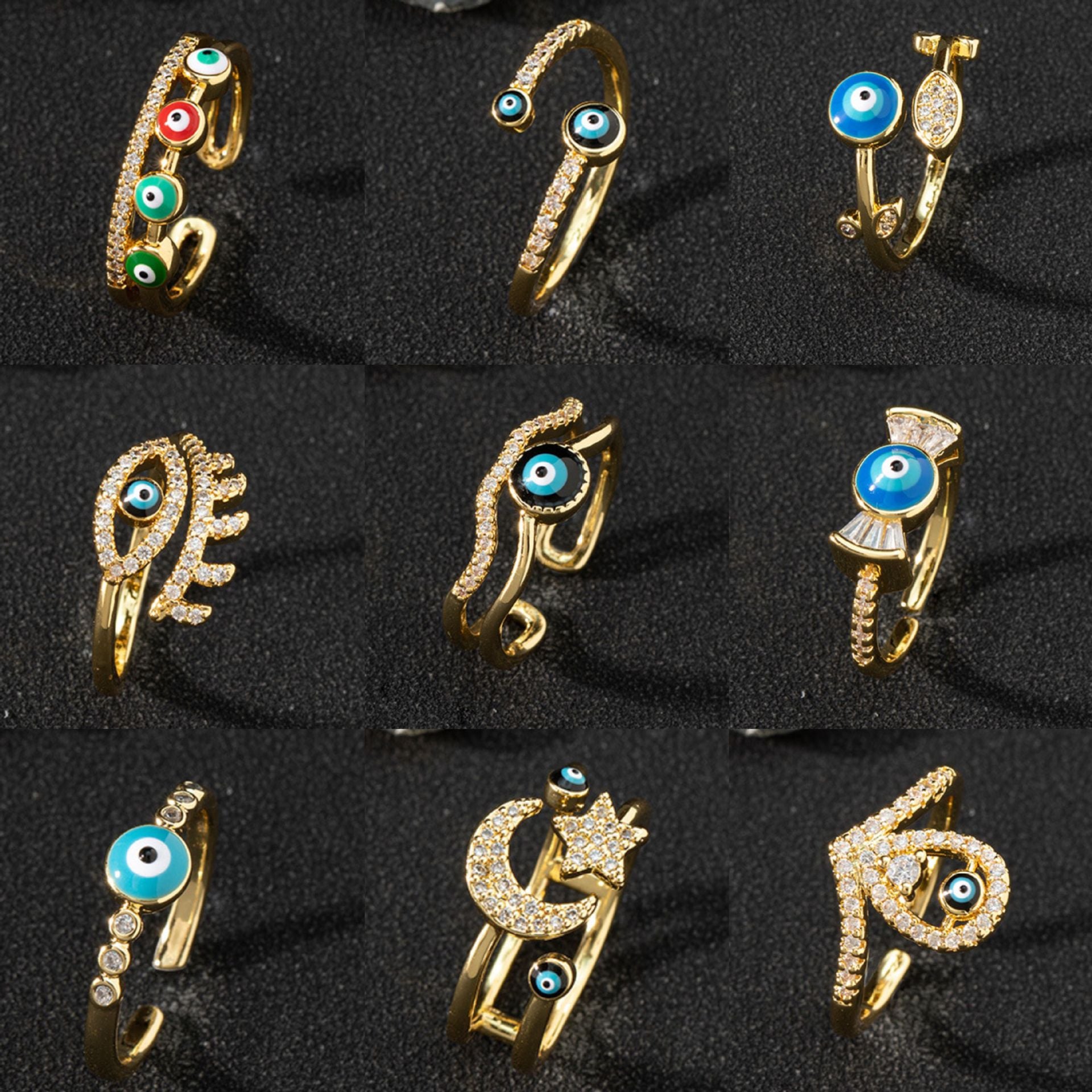 European And American Cross-border Jewelry Supply Copper Zircon Enamel Drop Oil Ring Female Evil Eye Retro Tail Ring Open Ring