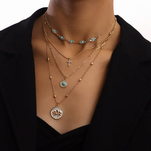 Jewelry Fashion Ins Multi-layer Small Hole Chain Hollow Flower Diamond Cross Pendant Necklace Women