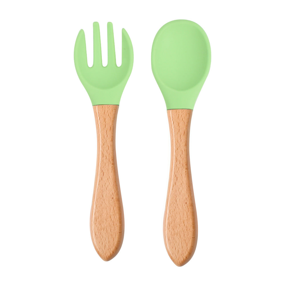 Food Grade Children&#039;s Wooden Handle Silicone Spoon Fork Tableware Baby Training Complementary Food Spoon Baby Feeding Spoon Fork