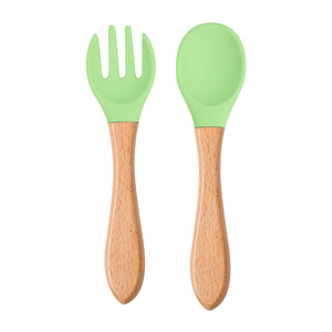 Food Grade Children&#039;s Wooden Handle Silicone Spoon Fork Tableware Baby Training Complementary Food Spoon Baby Feeding Spoon Fork