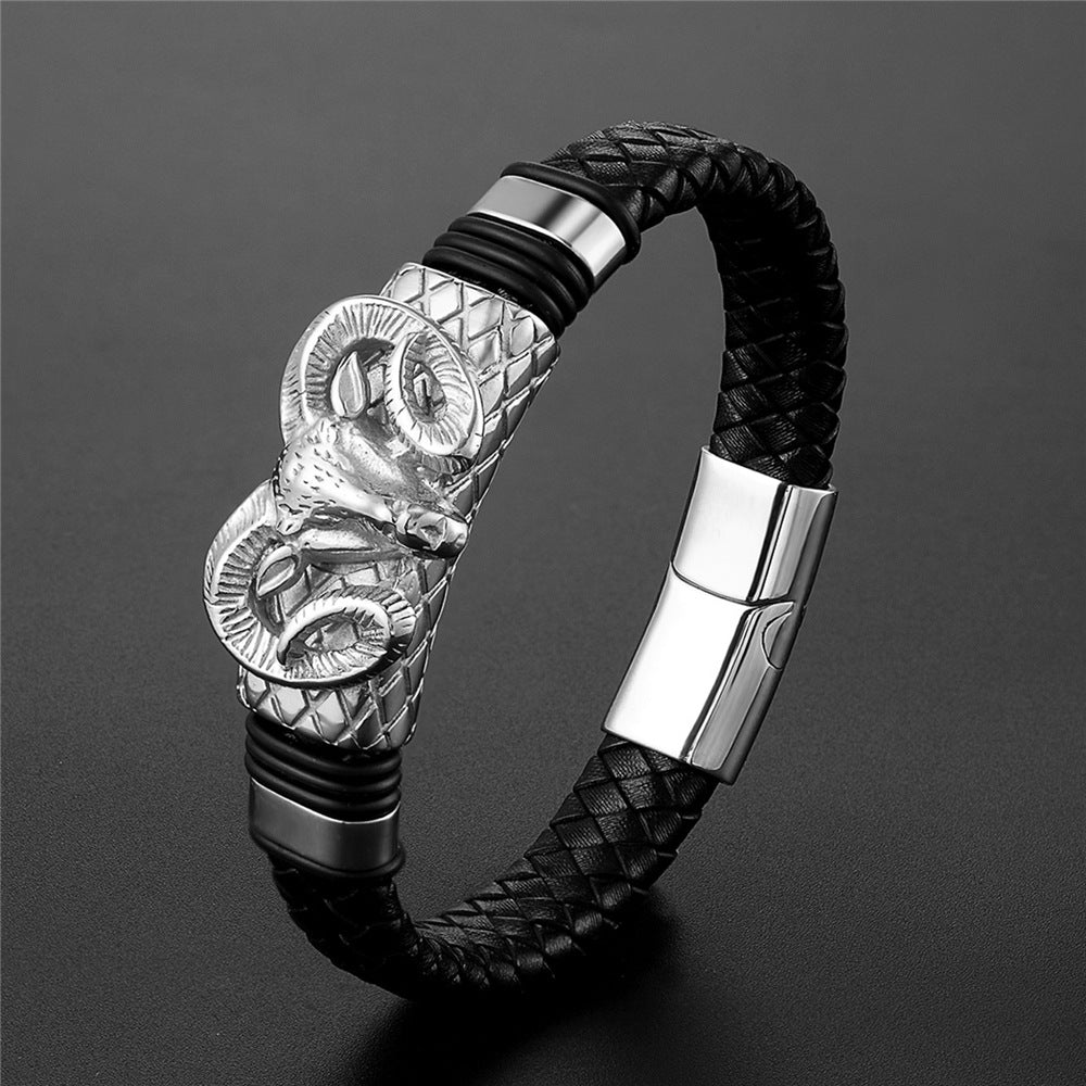 European And American Popular Men&#039;s Constellation Stainless Steel Leather Bracelet Woven Fashion Titanium Steel Leather Rope Bracelet Men&#039;s Wholesale
