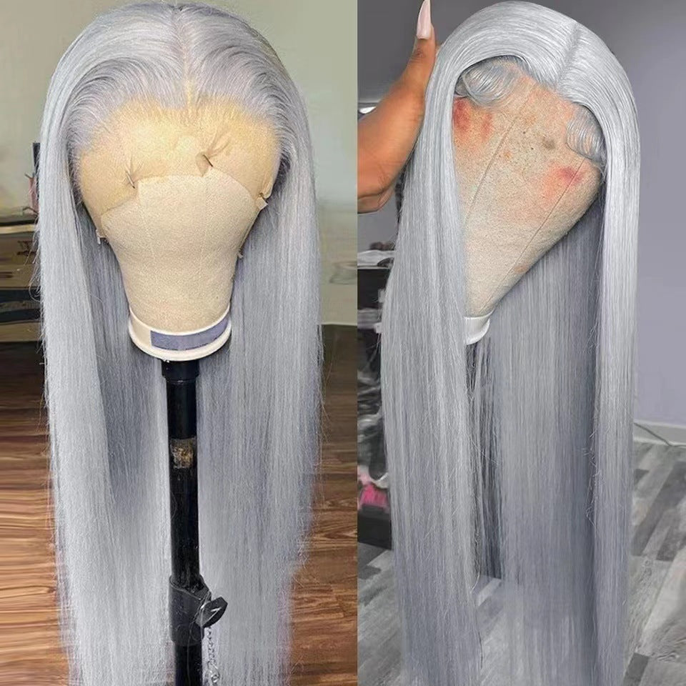 Front Lace Wig Covers Long Straight Hair Silver Gray Human Hair Wigs Pre Plucked