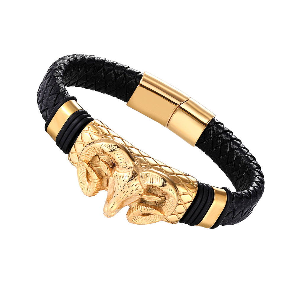 European And American Popular Men&#039;s Constellation Stainless Steel Leather Bracelet Woven Fashion Titanium Steel Leather Rope Bracelet Men&#039;s Wholesale