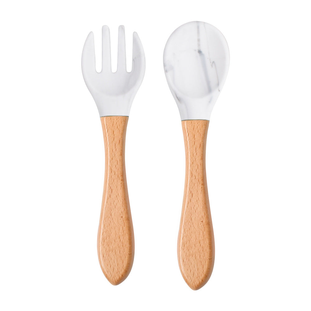 Food Grade Children&#039;s Wooden Handle Silicone Spoon Fork Tableware Baby Training Complementary Food Spoon Baby Feeding Spoon Fork
