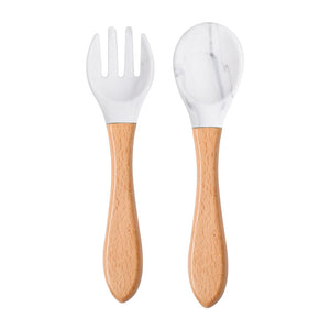 Food Grade Children&#039;s Wooden Handle Silicone Spoon Fork Tableware Baby Training Complementary Food Spoon Baby Feeding Spoon Fork