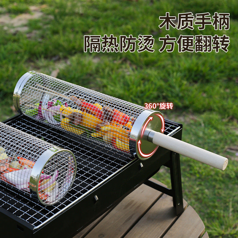 Rolling Barbecue Cage With Wooden Handle Outdoor BBQ Barbecue Basket 304 Stainless Steel Barbecue Tube Barbecue Net Cross-border Non-infringement