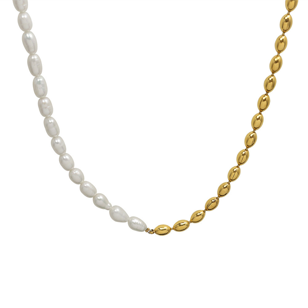 French Retro Ins Simple Niche Design Sense Freshwater Pearl Stitching Steel Bead Necklace Mother Pearl Jewelry