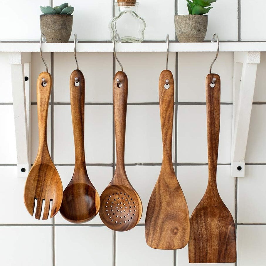 Acacia Wood Spatula 9-piece Wooden Kitchenware Suit High Temperature Resistant Spatula Salad Spoon Soup Spoon Noodle Spoon Colander