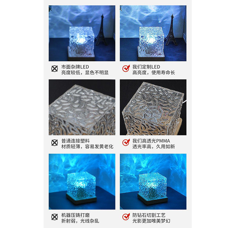 Square Water Ripple Headlamp Night Light Creative Girl Gift Bedside Bedroom Flame Aurora Dynamic Table Lamp