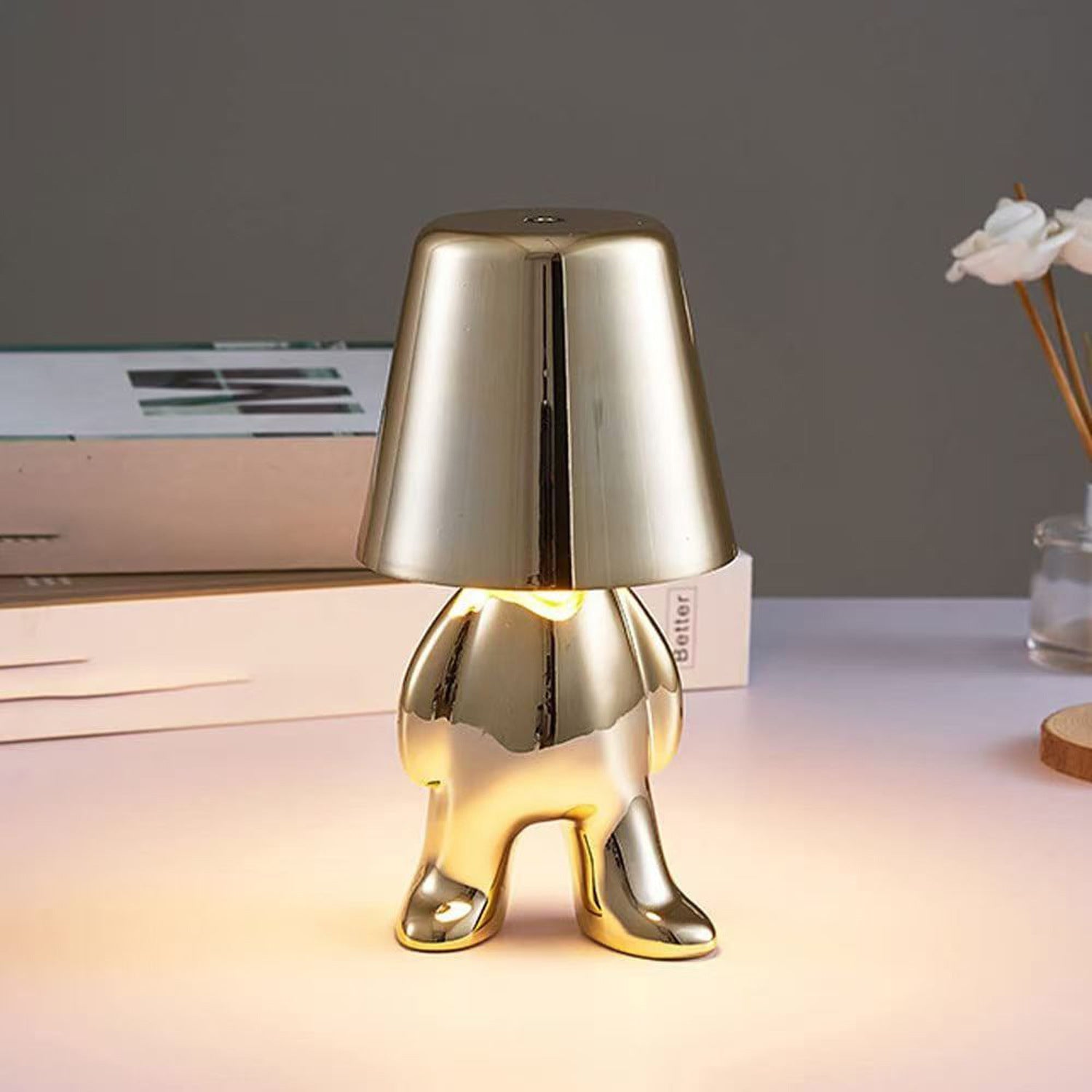Bedside Touch Control Table Lamp, Colored Cloth Velvet Gold Decoration Thinker Statue LED Table