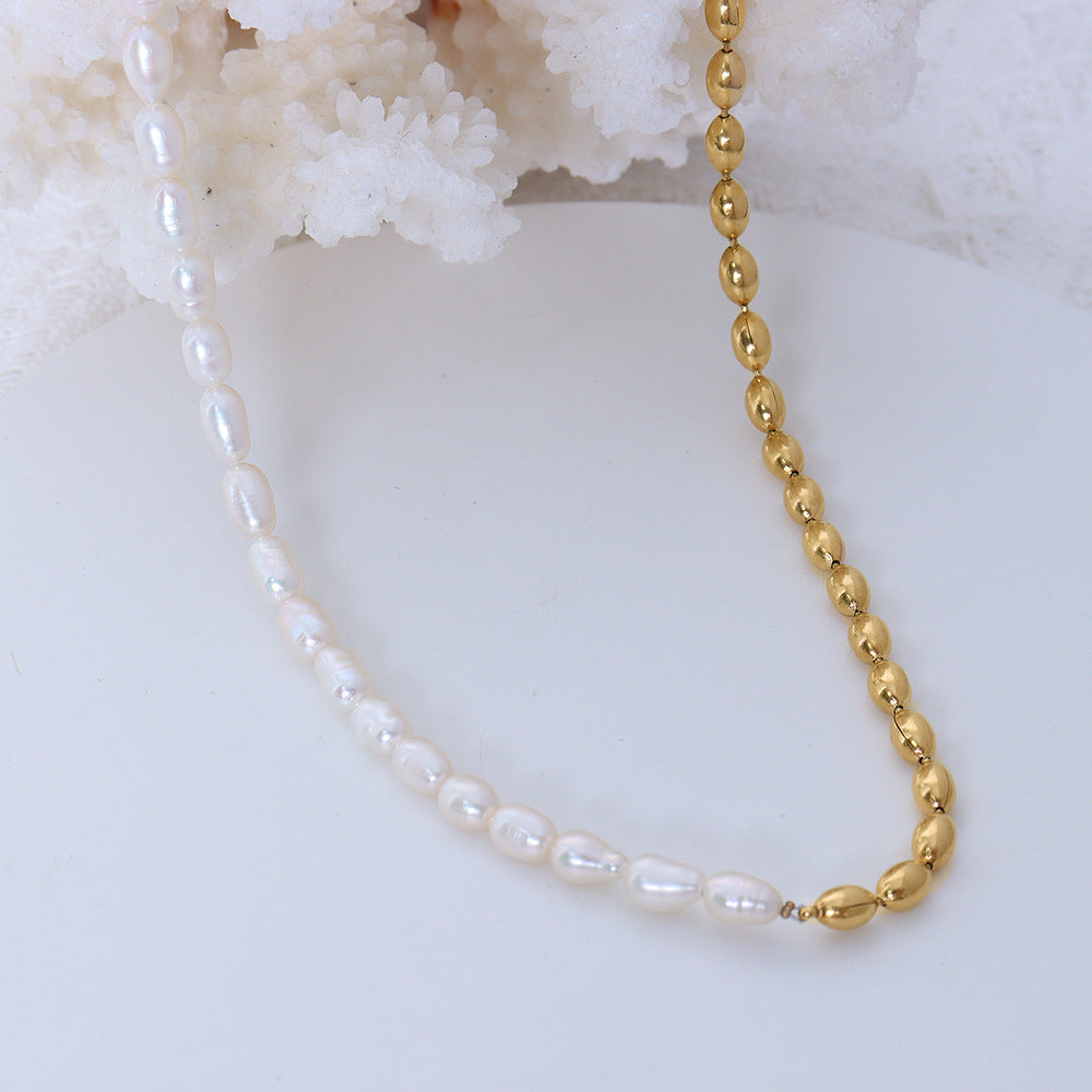 French Retro Ins Simple Niche Design Sense Freshwater Pearl Stitching Steel Bead Necklace Mother Pearl Jewelry