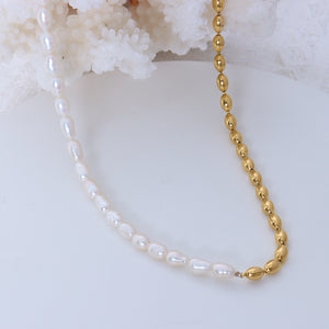 French Retro Ins Simple Niche Design Sense Freshwater Pearl Stitching Steel Bead Necklace Mother Pearl Jewelry