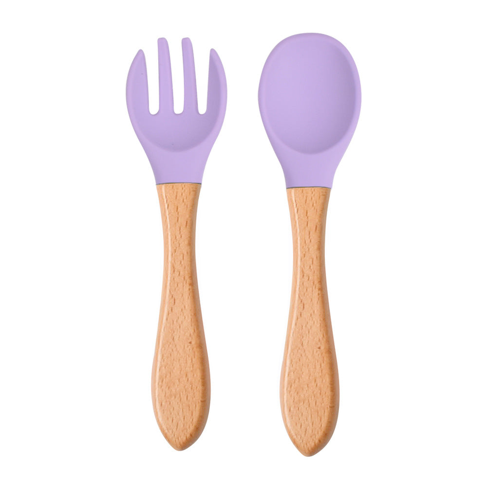 Food Grade Children&#039;s Wooden Handle Silicone Spoon Fork Tableware Baby Training Complementary Food Spoon Baby Feeding Spoon Fork