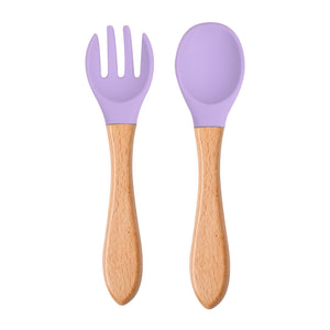 Food Grade Children&#039;s Wooden Handle Silicone Spoon Fork Tableware Baby Training Complementary Food Spoon Baby Feeding Spoon Fork