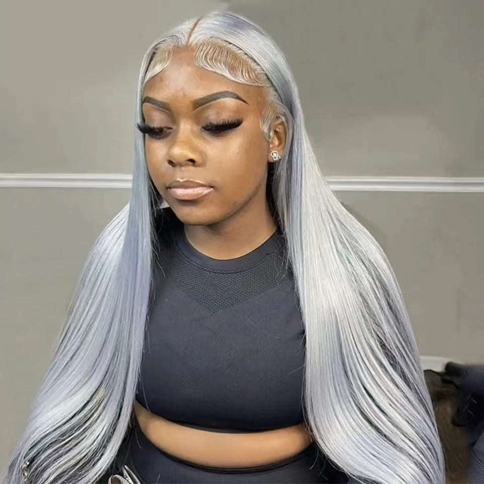 Front Lace Wig Covers Long Straight Hair Silver Gray Human Hair Wigs Pre Plucked