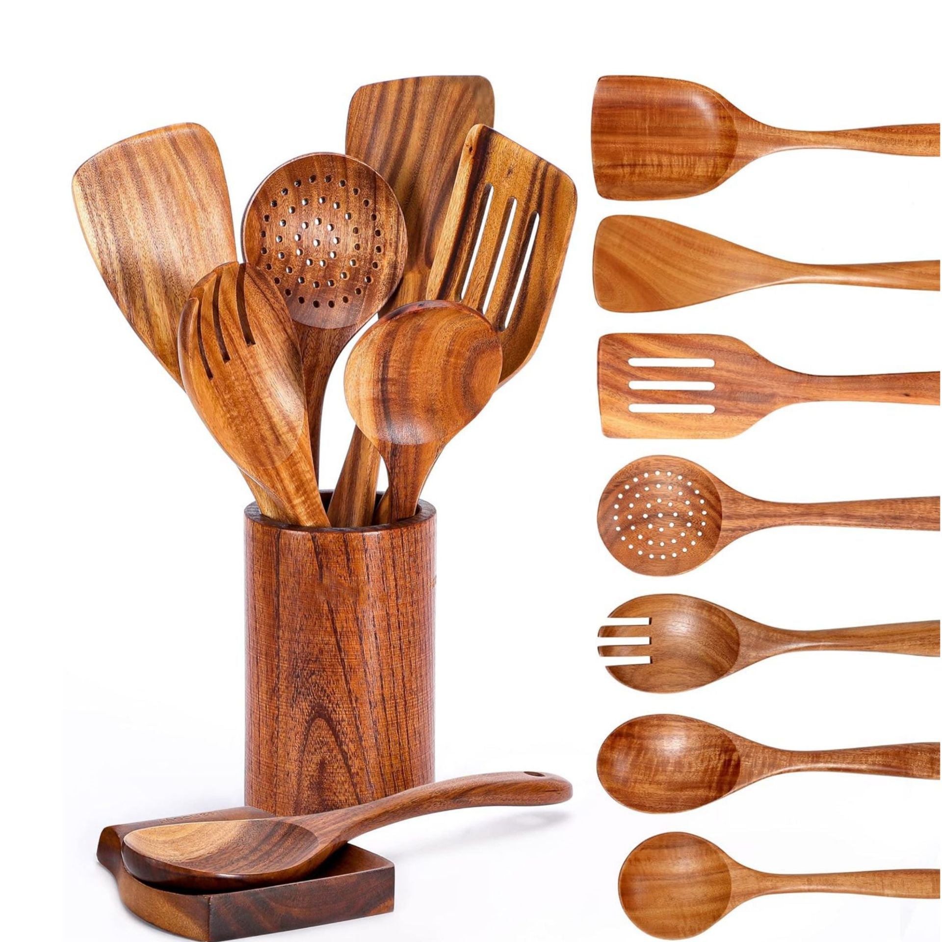 Acacia Wood Spatula 7-piece Wooden Kitchenware Suit Teak Wood Spatula Salad Spoon Mixing Spoon Noodle Spoon Colander