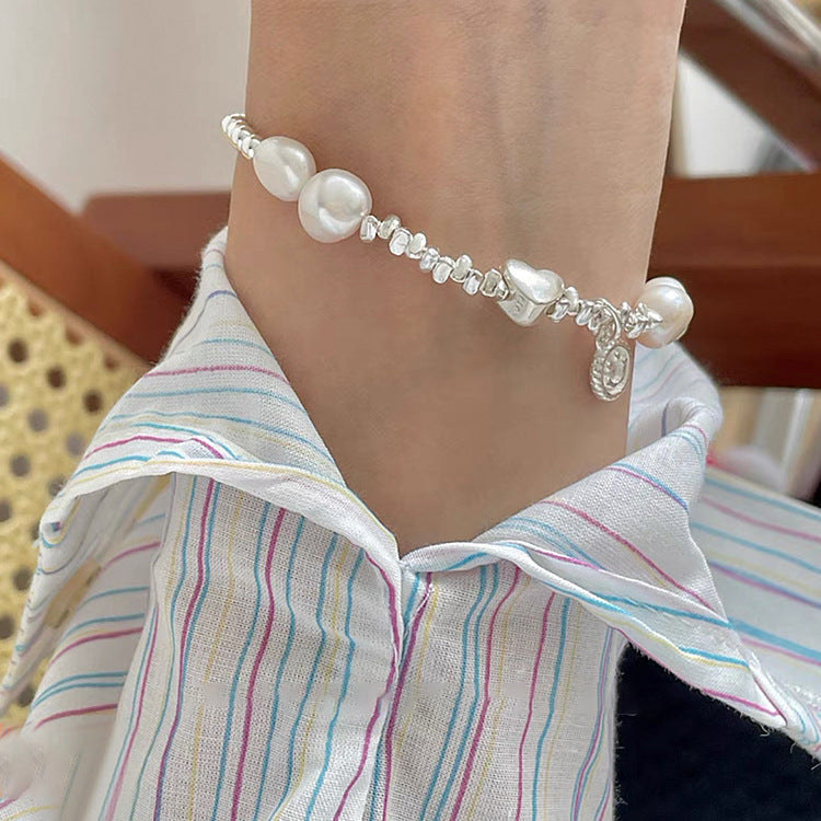 Broken Silver Metal Freshwater Pearl Bracelet Women&#039;s Niche Retro Personality Simple Versatile Temperament Bracelet Cold Style