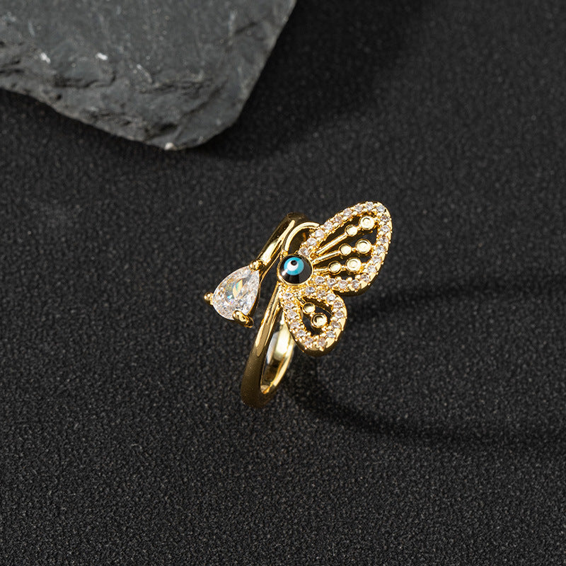 European And American Cross-border Jewelry Supply Copper Zircon Enamel Drop Oil Ring Female Evil Eye Retro Tail Ring Open Ring
