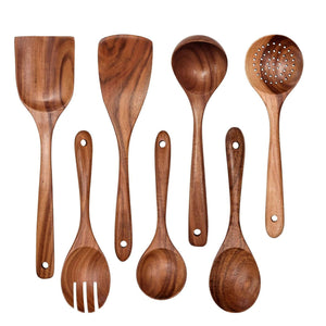 Acacia Wood Spatula 7-piece Wooden Kitchenware Suit Teak Wood Spatula Salad Spoon Mixing Spoon Noodle Spoon Colander