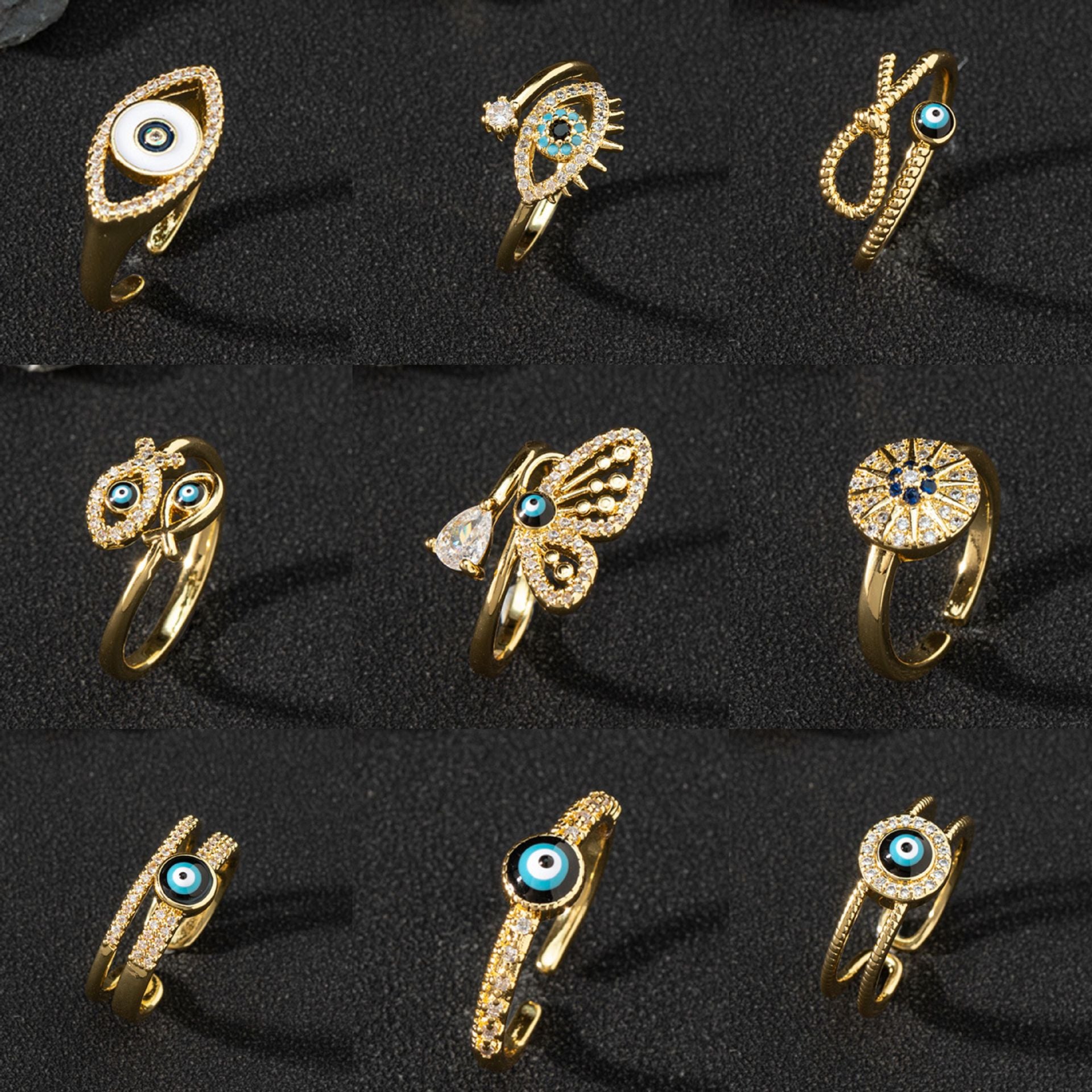 European And American Cross-border Jewelry Supply Copper Zircon Enamel Drop Oil Ring Female Evil Eye Retro Tail Ring Open Ring