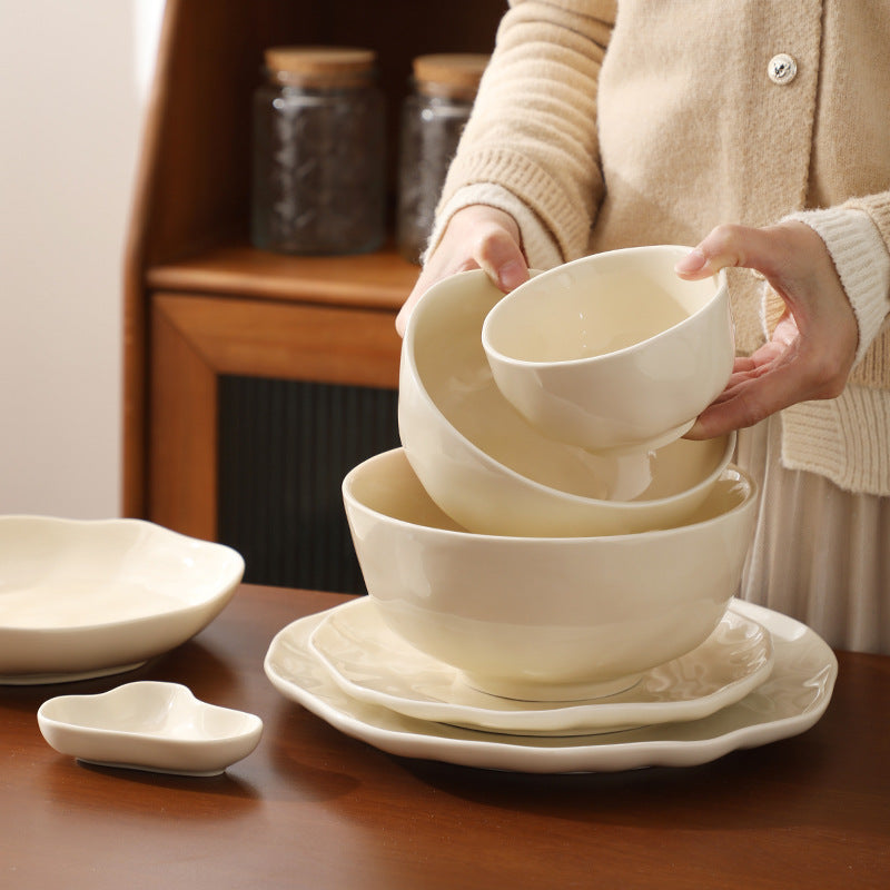Hand-Kneaded Patterned Fufu Ceramic Bowl And Plate Set, Microwaveable Dish Plate Household High-Value Bowls, Chopsticks, Plates And Cups