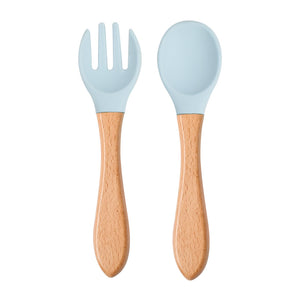 Food Grade Children&#039;s Wooden Handle Silicone Spoon Fork Tableware Baby Training Complementary Food Spoon Baby Feeding Spoon Fork