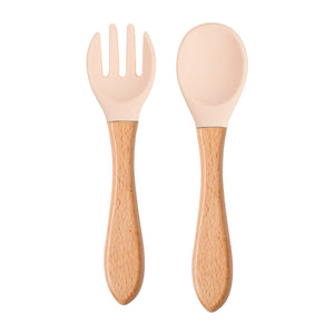 Food Grade Children&#039;s Wooden Handle Silicone Spoon Fork Tableware Baby Training Complementary Food Spoon Baby Feeding Spoon Fork