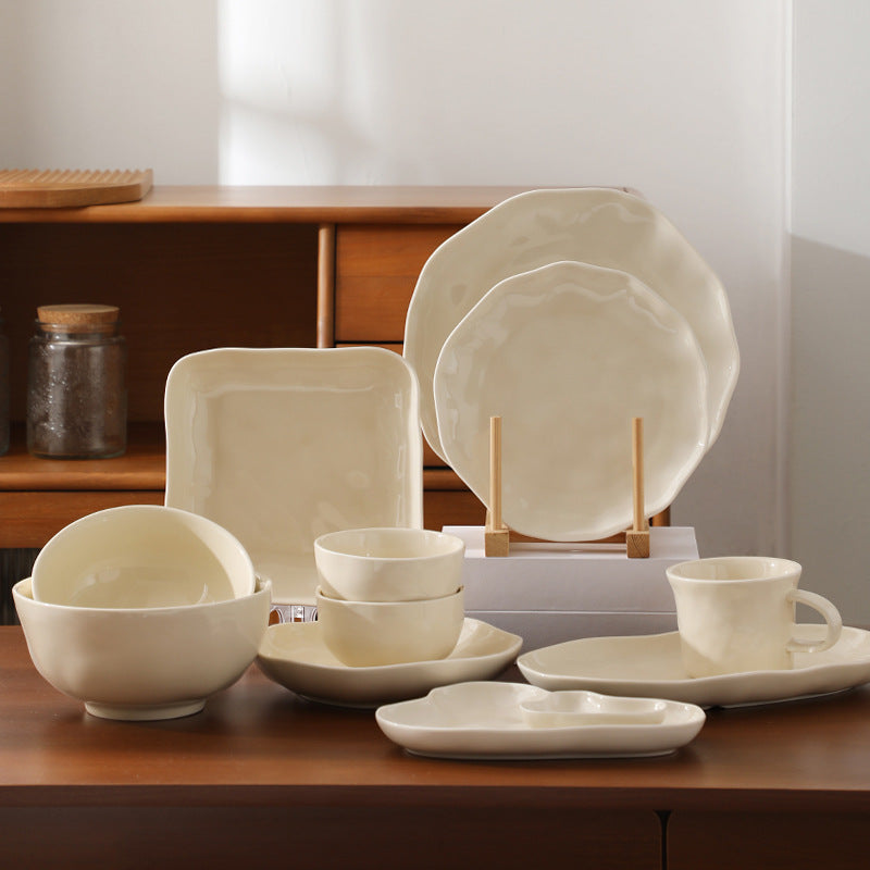 Hand-Kneaded Patterned Fufu Ceramic Bowl And Plate Set, Microwaveable Dish Plate Household High-Value Bowls, Chopsticks, Plates And Cups