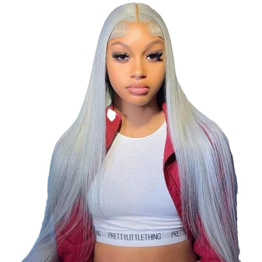 Front Lace Wig Covers Long Straight Hair Silver Gray Human Hair Wigs Pre Plucked