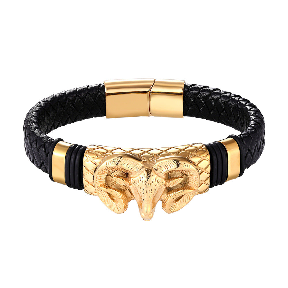 European And American Popular Men&#039;s Constellation Stainless Steel Leather Bracelet Woven Fashion Titanium Steel Leather Rope Bracelet Men&#039;s Wholesale