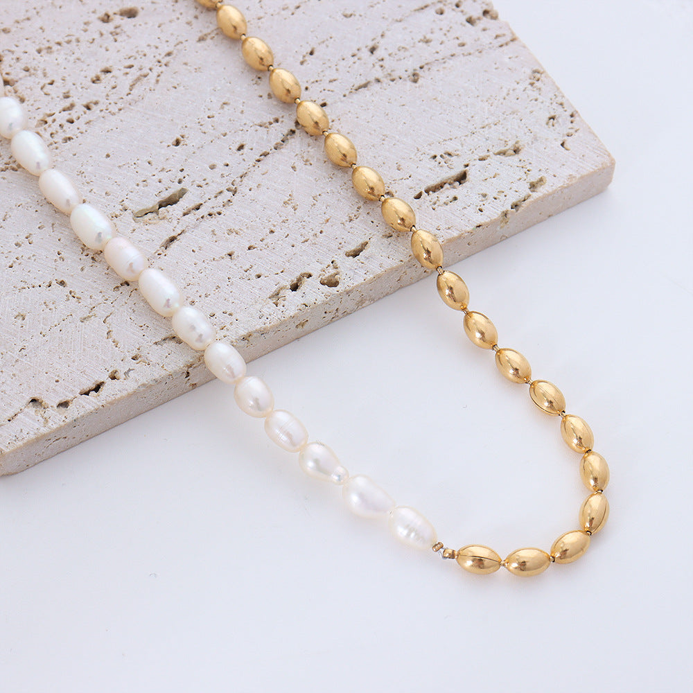 French Retro Ins Simple Niche Design Sense Freshwater Pearl Stitching Steel Bead Necklace Mother Pearl Jewelry