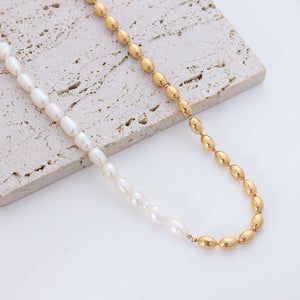 French Retro Ins Simple Niche Design Sense Freshwater Pearl Stitching Steel Bead Necklace Mother Pearl Jewelry