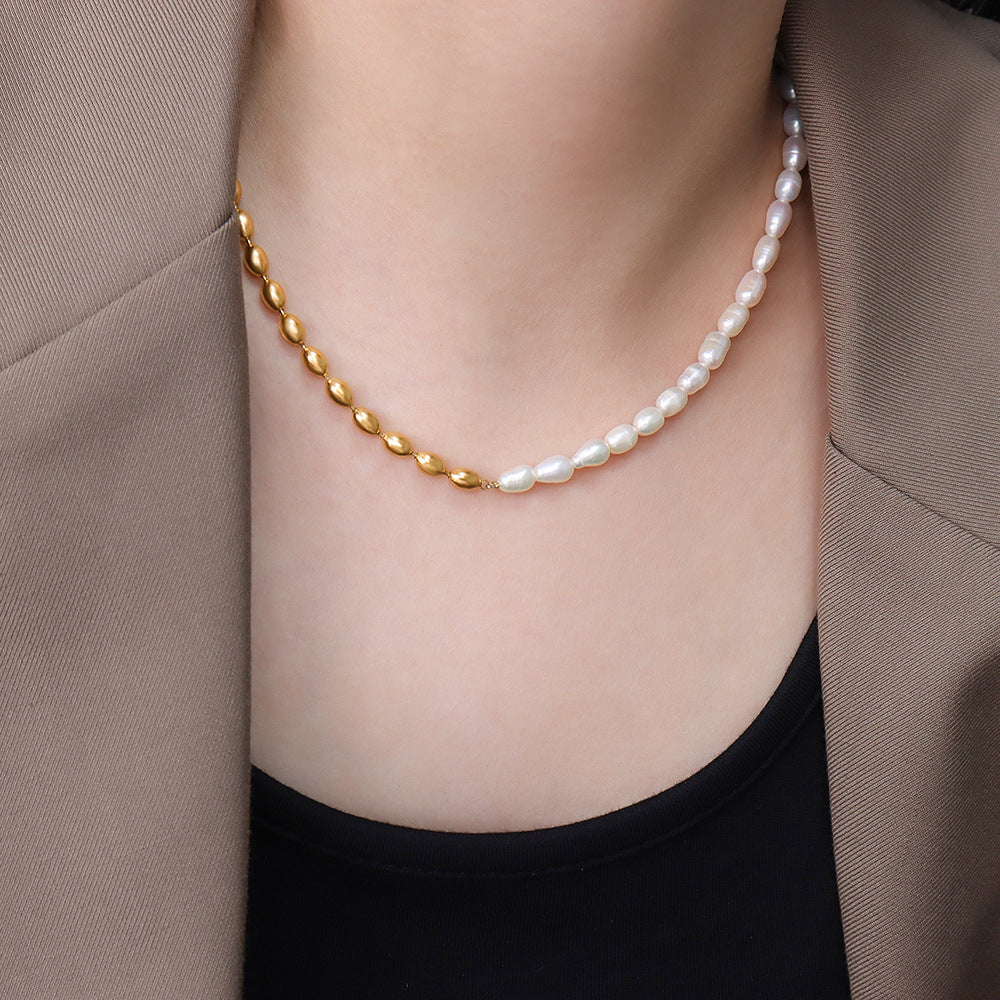 French Retro Ins Simple Niche Design Sense Freshwater Pearl Stitching Steel Bead Necklace Mother Pearl Jewelry