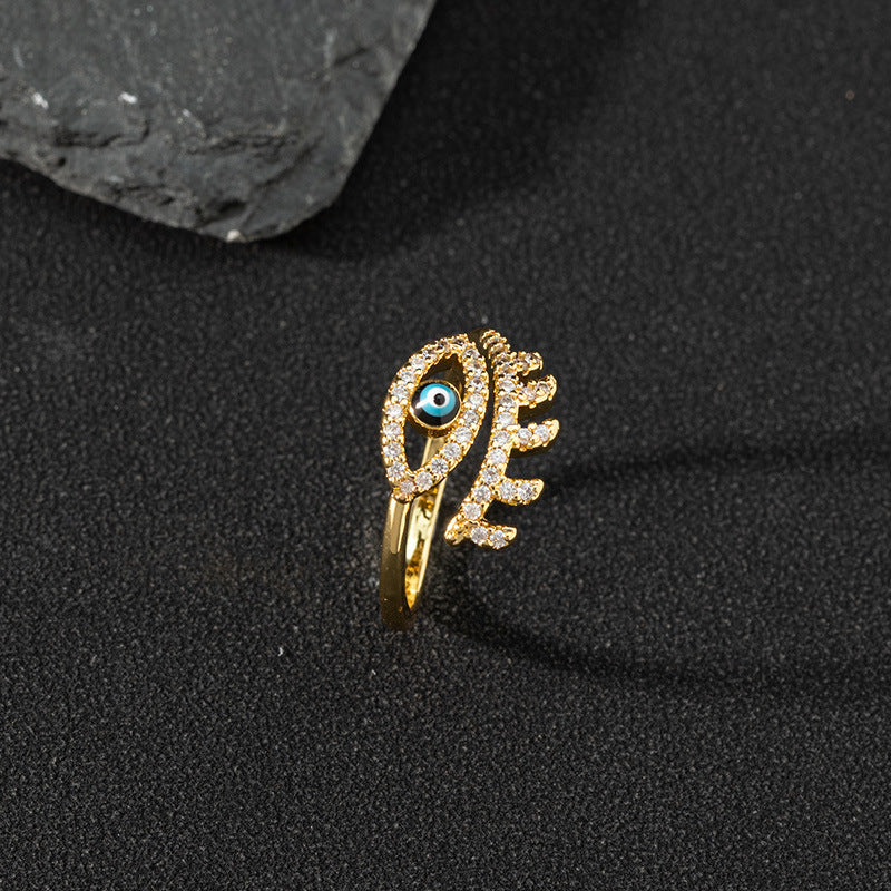 European And American Cross-border Jewelry Supply Copper Zircon Enamel Drop Oil Ring Female Evil Eye Retro Tail Ring Open Ring