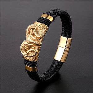 European And American Popular Men&#039;s Constellation Stainless Steel Leather Bracelet Woven Fashion Titanium Steel Leather Rope Bracelet Men&#039;s Wholesale